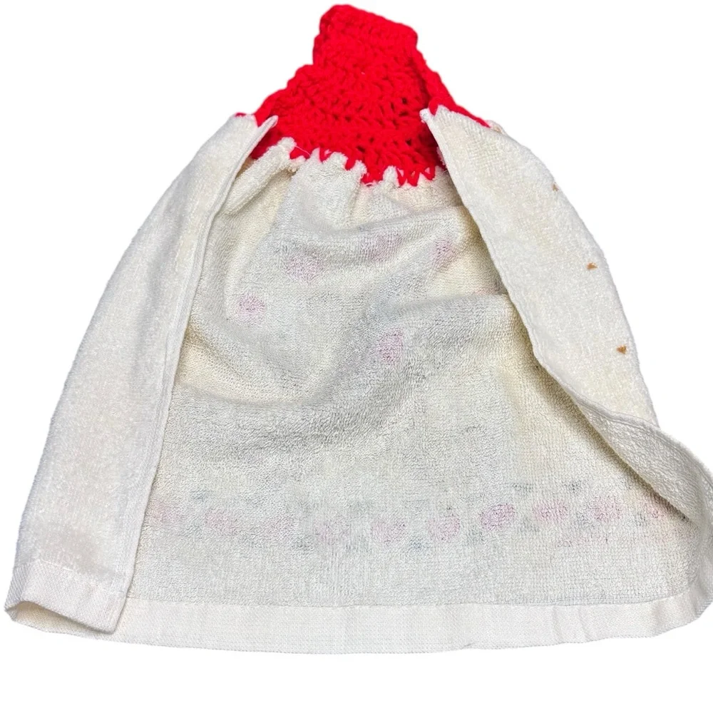 Vintage‎ Handmade Crochet Kitchen Towel Teddy Bear Apples Red White 90’s vibe